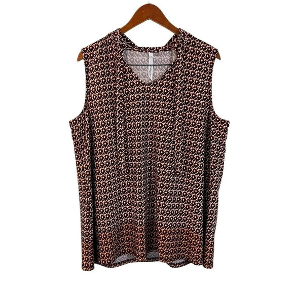 NY Collection Tank Top Blouse 2X Geometric Pattern Collared Neck Tie Jersey Knit - Picture 1 of 6